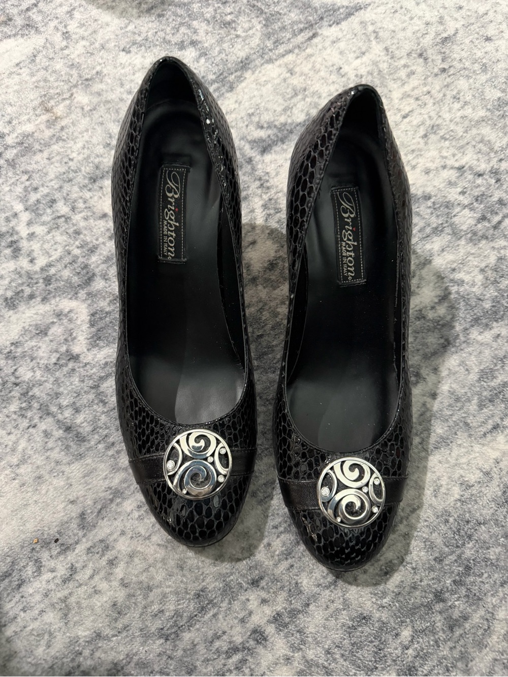 Brighton Black Textured Leather Pumps with Silver Scroll Medallions